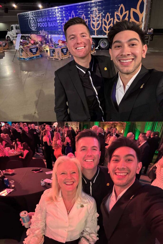 Top photo: Andrew Young and Jeremy Young standing in front of the Great Plains Food Bank semi-truck, displayed as part of the Governor’s Inaugural Ball entrance. Bottom photo: Andrew and Jeremy Young take a selfie with Beth Bakke-Stenehjem, former ND FFA Foundation executive director, inside the Governor’s Inaugural Ball venue.