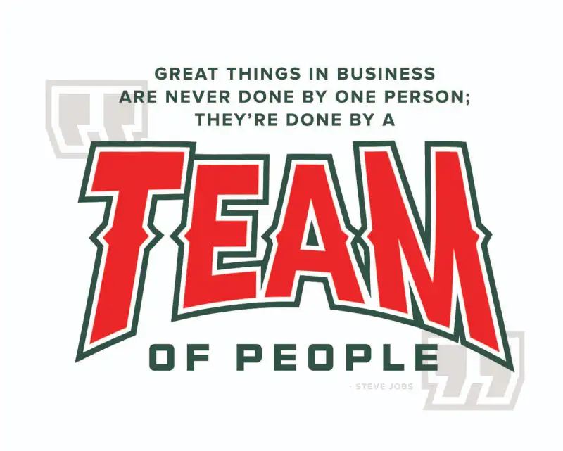 Graphic with a quote saying, great things in business are never done by one person; they're done by a team of people