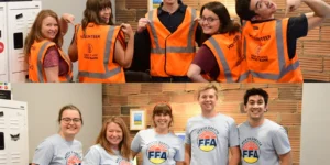 Team Abovo wearing vests to represent the Great Plains food bank and shirts to represent the North Dakota FFA.