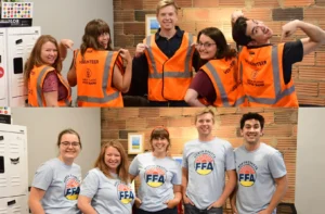 Team Abovo wearing vests to represent the Great Plains food bank and shirts to represent the North Dakota FFA.